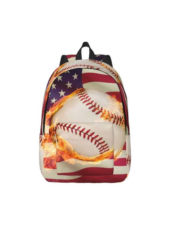 Baseball Ball With Flag Printed Canvas Daypack - Stylish and Durable Vintage Compact Backpack - Class, Work, Travel, or Laptop Bookbag,Organized Compartments-Medium