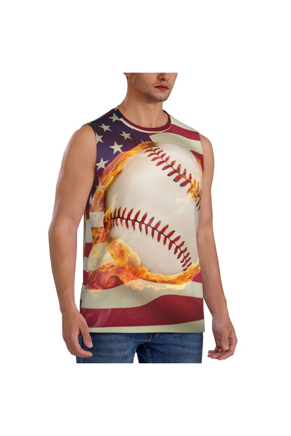 Baseball Ball With Flag mens Cotton Tank Undershirts , Moisture-wicking Ribbed Tanks, Lightweight Cotton Tank Undershirts-Small