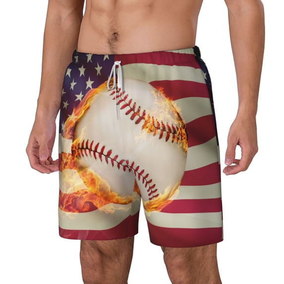 Picia Baseball Ball With Flag pattern Mens Swim Trunks with Compression Liner Stretch Beach Shorts Quick Dry with Zipper Pockets No-Chafing Board Shorts-Small