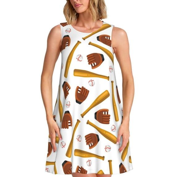 Picia Baseball Sport Print Women’s Sleeveless Midi Swing Dress – A-Line Pleated Tank Sundress, Comfortable and Flowy T-Shirt Dress