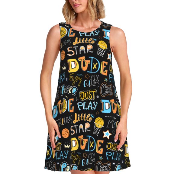 Picia Basketball Print Women’s Sleeveless Midi Swing Dress – A-Line Pleated Tank Sundress, Comfortable and Flowy T-Shirt Dress