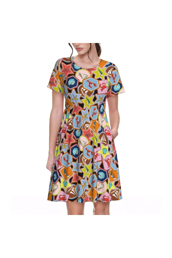 Beach Life Pattern Women's Short Sleeve Summer Dress Pleated Loose Swing Knee Length Short Sleeve Swing Dresses