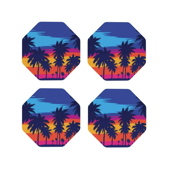 Picia Beach with Palm Trees Printed Leather Coasters for Drinks, 4" Drink Coasters Set of 4 for Tabletop Protection, Handmade Luxurious Home Décor and Housewarming Gift -Octagon