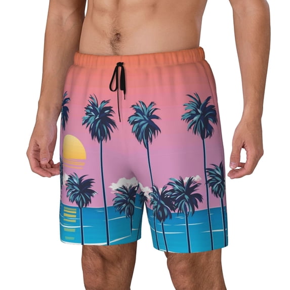 Picia Beach with Palm Trees pattern Mens Swim Trunks with Compression Liner Stretch Beach Shorts Quick Dry with Zipper Pockets No-Chafing Board Shorts-Medium