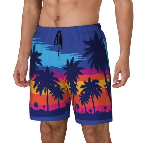 Picia Beach with Palm Trees pattern Mens Swim Trunks with Compression Liner Stretch Beach Shorts Quick Dry with Zipper Pockets No-Chafing Board Shorts-