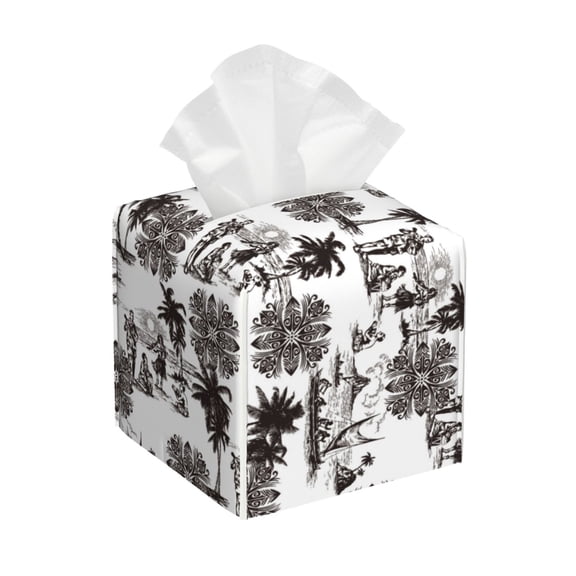 Picia Beach Pattern Tissue Box Cover,PVC Leather Square Holder,Tissue Box Holder with Magnetic Bottom,Facial Paper Organizer Dispenser-5.2"X5.2"X5.2"