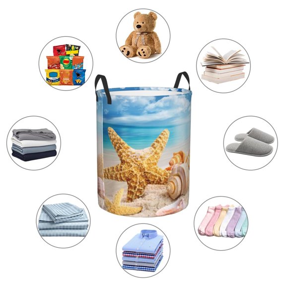 Picia Beach Starfish Shell Large Laundry Basket, Waterproof, Freestanding Laundry Hamper, Collapsible Tall Clothes Hamper with Extended Handles-Medium