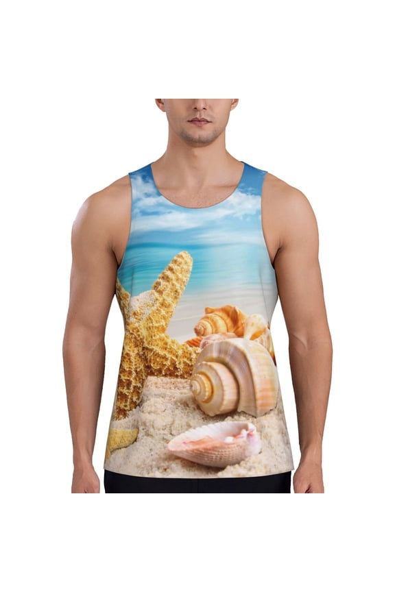 Beach Starfish Shell Printed Men’s Performance Tank, Men's Workout Tank Top Moisture-Wicking Tank Top Muscle tee, Breathable Workout Shirt-X-Large