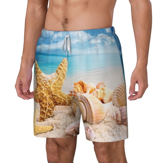 Picia Beach Starfish Shell pattern Mens Swim Trunks with Compression Liner Stretch Beach Shorts Quick Dry with Zipper Pockets No-Chafing Board Shorts-Medium