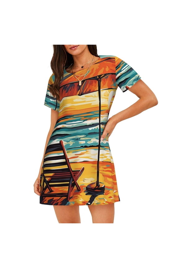 Beach Umbrella Sunset Pattern Women’s Nightdress – Casual Short-sleeved Loose-Fit Sleepwear, Soft Cotton Short-Sleeve Sleep Shirt for Relaxation & Comfort