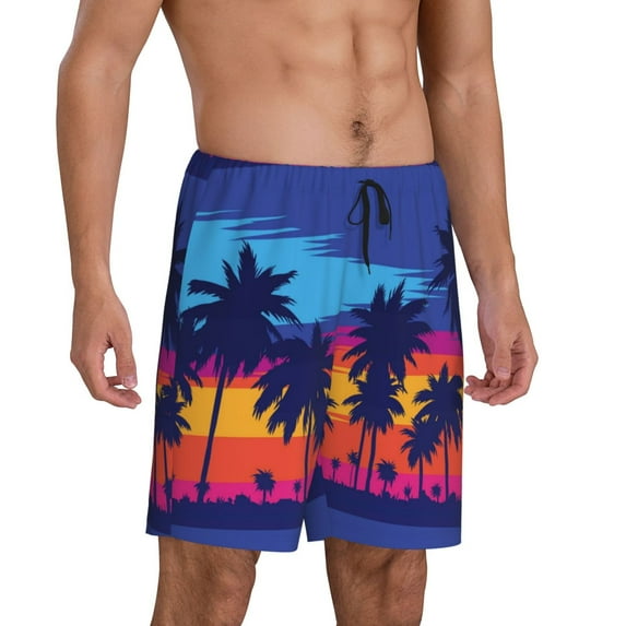 Picia Beach with Palm Trees Pajama Shorts for Men, Men's Pajama Bottoms, Sleepwear,Short Pajama Pants-X-Large