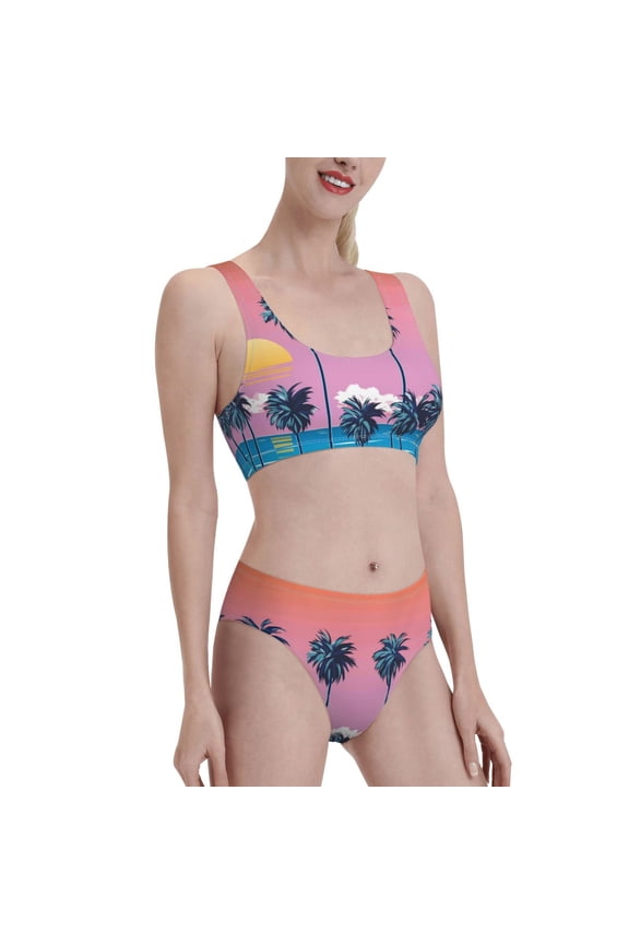 Beach with Palm Trees Women's High Waisted Bikini Scoop Neck Swimsuit Two Pieces Bathing Suit-Large