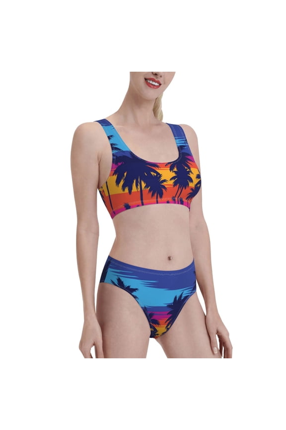 Beach with Palm Trees Women's High Waisted Bikini Scoop Neck Swimsuit Two Pieces Bathing Suit-X-Large