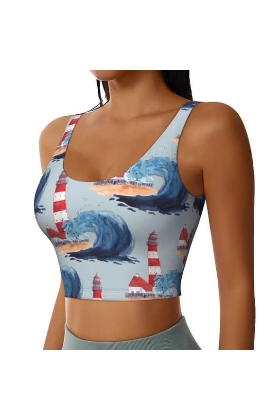 Beacon In The Huge Waves Of The Surf Sports Bra for Women,Padded Strappy Sports Bras Medium Support Yoga Bra with Removable Cups,Running Yoga Bra-Medium
