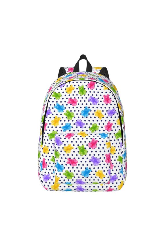 Bear And Polka Dot Printed Canvas Daypack - Stylish and Durable Vintage Compact Backpack - Class, Work, Travel, or Laptop Bookbag,Organized Compartments-Small