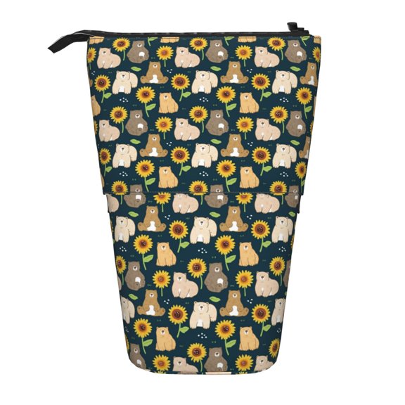 Picia Bear Sunflower Print Telescopic Pencil Case, Telescopic Pen Holder Telescopic Pencil Pouch Bag Stationery Pencil Case Box Storage Organizer Makeup Bag