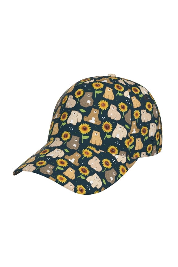 Bear Sunflower pattern Trucker Low Profile Hat Men Women Baseball Cap Dad Hat Adjustable Unconstructed Plain Cap