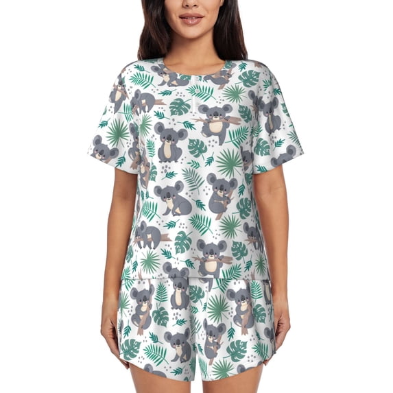 Picia Bears and Tropical Leaves Pajamas Sets for Women Soft Short-Sleeved Pjs with Lounge Shorts Two Piece Sleepwear-Medium