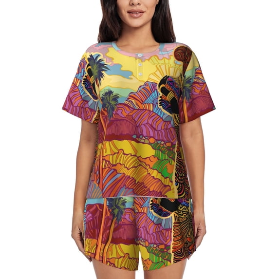 Picia Beautiful African Woman Pajamas Sets for Women Soft Short-Sleeved Pjs with Lounge Shorts Two Piece Sleepwear-Medium