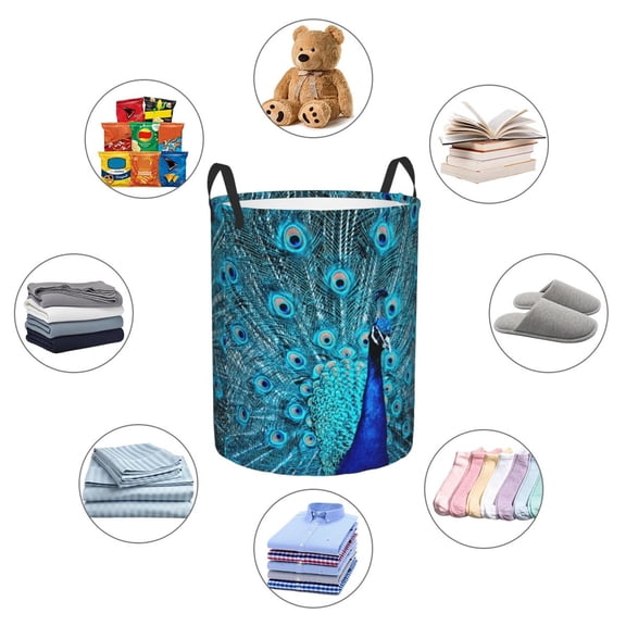 Picia Beautiful Blue Peacock Large Laundry Basket, Waterproof, Freestanding Laundry Hamper, Collapsible Tall Clothes Hamper with Extended Handles-