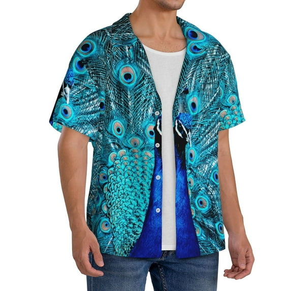 Picia Beautiful Blue Peacock Men's Linen Shirts Short Sleeve Cuban Beach Shirts Casual Shirts Button Down Shirt for Men Beach Summer Wedding Shirt-X-Large