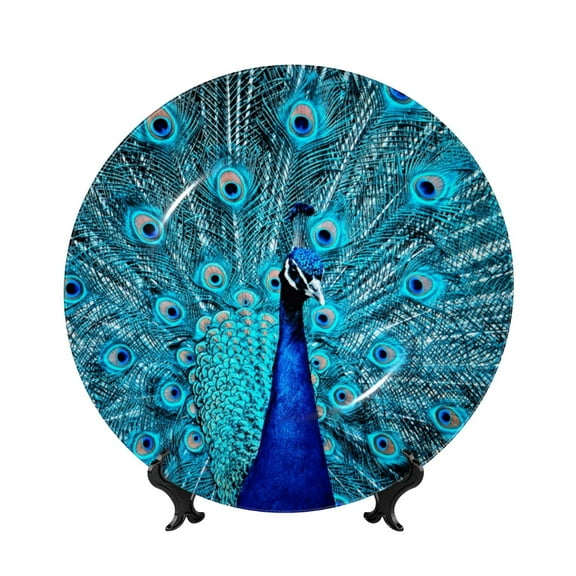 Picia Beautiful Blue Peacock Pattern Bone China Decorative Plate – Wall Decor with Stand and Adhesive, Elegant Ornament for Living Room, Office, or Entryway-7in