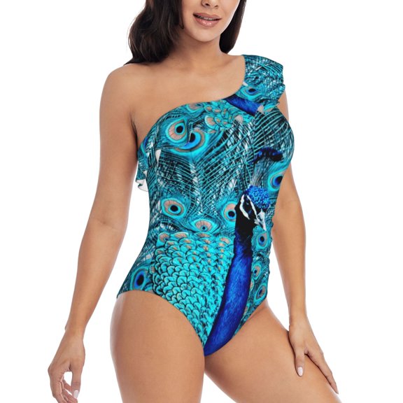 Picia Beautiful Blue Peacock Pattern Women's One Piece Swimsuits,One Shoulder Swimwear Asymmetric ,Ruffle Monokinis Bathing Suits,High Waisted Flattering Bathing Suits-Small