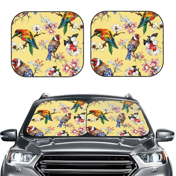 Picia Beautiful Bright Birds And Flowers 2 Piece Car Windshield Sun Shade Foldable | Foldable Sun Shield for Front Window Blocks UV Rays and Keeps Your Vehicle Cool-Small