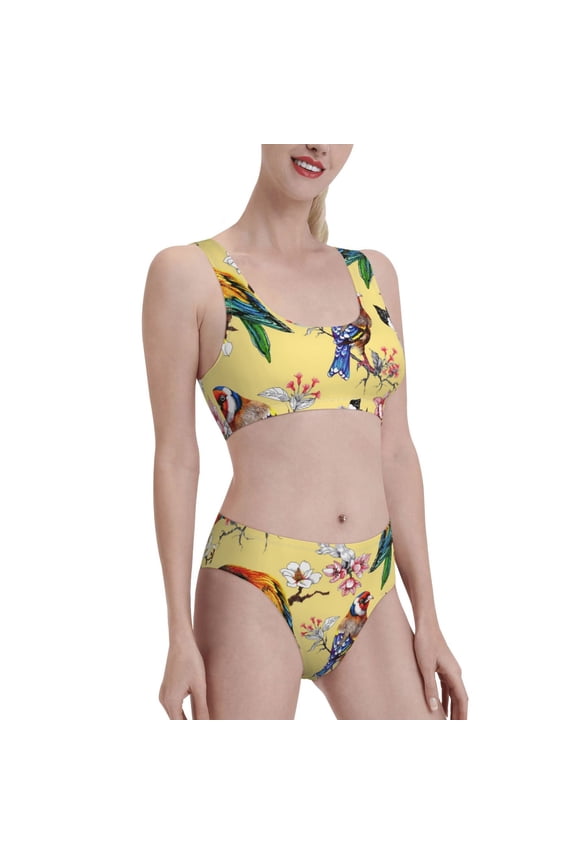 Beautiful Bright Birds And Flowers Women's High Waisted Bikini Scoop Neck Swimsuit Two Pieces Bathing Suit-Medium