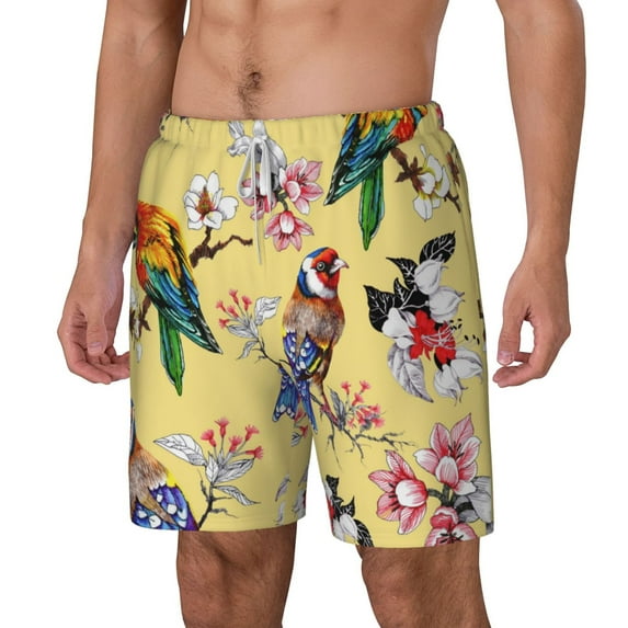Picia Beautiful Bright Birds And Flowers pattern Mens Swim Trunks with Compression Liner Stretch Beach Shorts Quick Dry with Zipper Pockets No-Chafing Board Shorts-Large