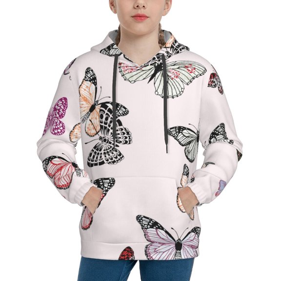 Picia Beautiful Butterfly Pattern Youth Hoodie - Warm Pullover Sweatshirt with Kangaroo Pocket, Ideal for Boys and Girls-Small