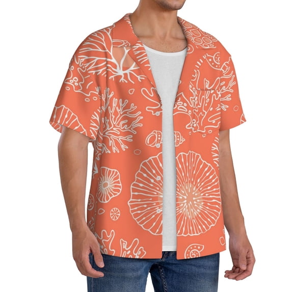 Picia Beautiful Corals Men's Linen Shirts Short Sleeve Cuban Beach Shirts Casual Shirts Button Down Shirt for Men Beach Summer Wedding Shirt-Medium
