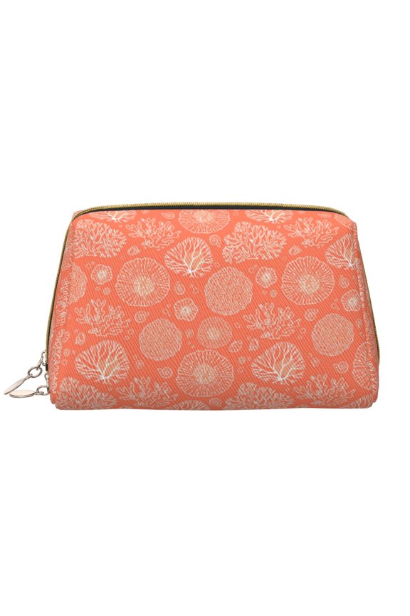 Beautiful Corals Print Leather Makeup Bag Make Up Bag Travel Toiletry Bag for Her Girlfriend Teacher Teen Girl Gifts