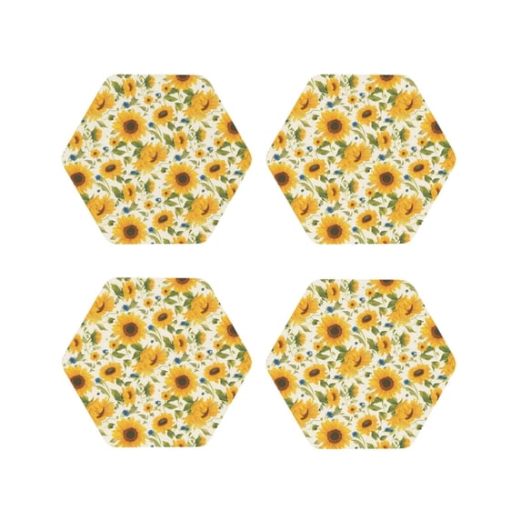 Picia Beautiful Countryside Sunflower Printed Leather Coasters for Drinks, 4" Drink Coasters Set of 4 for Tabletop Protection, Handmade Luxurious Home Décor and Housewarming Gift -Hexagon