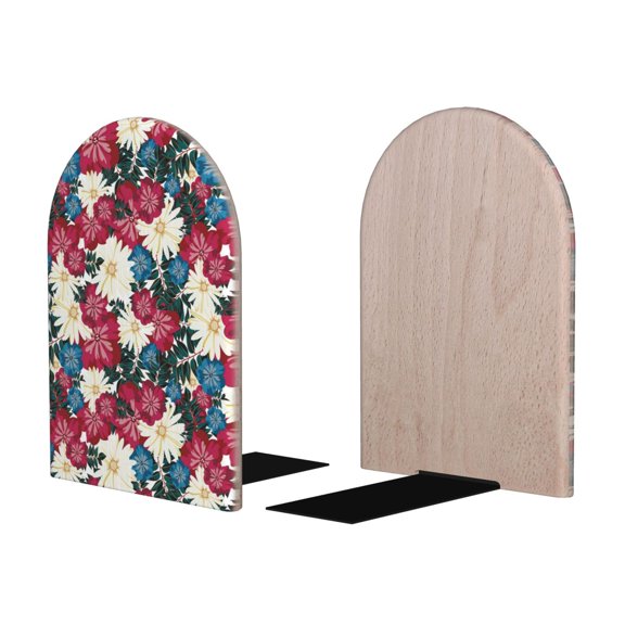 Picia Beautiful Flower Pattern Wood Bookends for Shelves,Non-slip Bookends, Heavy Duty Wooden Bookend Support,1 Pair