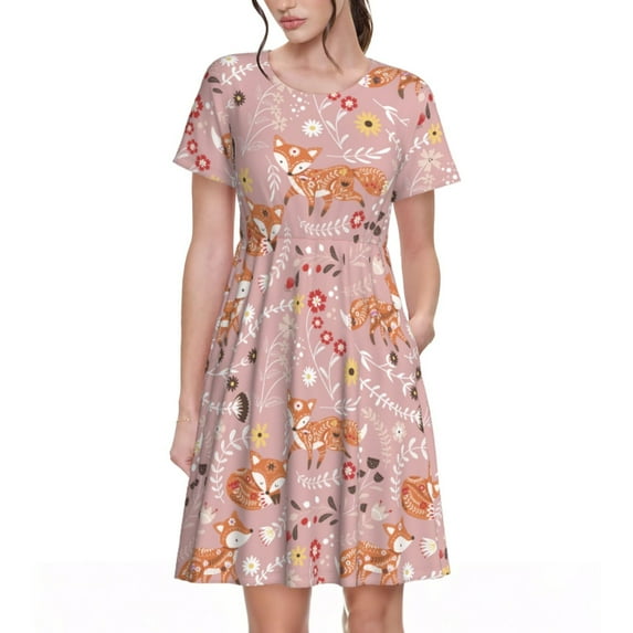 Picia Beautiful Fox Pattern Women's Short Sleeve Summer Dress Pleated Loose Swing Knee Length Short Sleeve Swing Dresses
