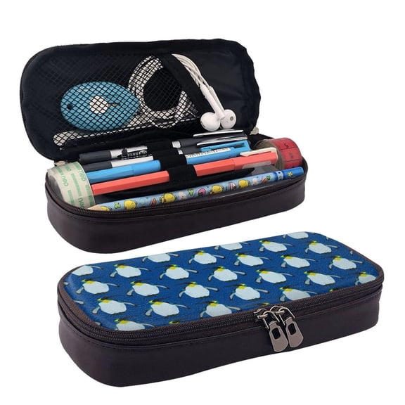 Picia Beautiful King Penguin Pattern Pattern Large Capacity PU Leather Pencil Case Organizer Pen Marker Holder Double Zipper Storage Bag Big Pencil Pouch for College Office