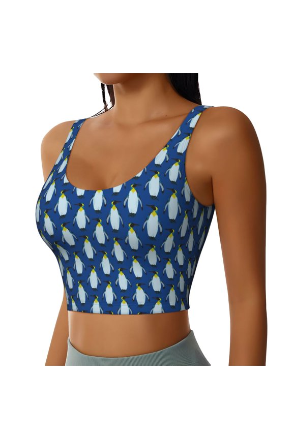 Beautiful King Penguin Pattern Sports Bra for Women,Padded Strappy Sports Bras Medium Support Yoga Bra with Removable Cups,Running Yoga Bra-Large