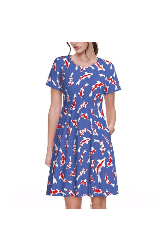 Beautiful Koi Fish Pattern Women's Short Sleeve Summer Dress Pleated Loose Swing Knee Length Short Sleeve Swing Dresses