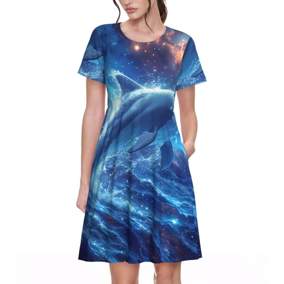 Picia Beautiful Ocean Dolphin Pattern Women's Short Sleeve Summer Dress Pleated Loose Swing Knee Length Short Sleeve Swing Dresses
