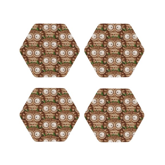 Picia Beautiful Owl Printed Leather Coasters for Drinks, 4" Drink Coasters Set of 4 for Tabletop Protection, Handmade Luxurious Home Décor and Housewarming Gift -Hexagon
