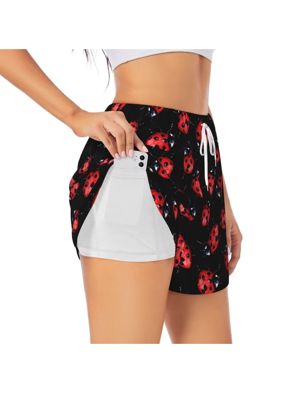 Beautiful Red Ladybug Pattern Women's 2 in 1 Athletic Running Shorts High Waisted Workout Casual Gym Sweat Shorts with Comfy Liner Zipper Pockets-Large