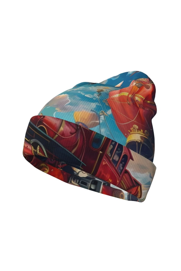 Beautiful Red Train Hot Air Balloon Pattern Knitted Beanie Hat for Men and Women , Unisex Winter Warm Stretchy Knit Cap Thick Fisherman Beanies Cuffed Plain Skull Caps