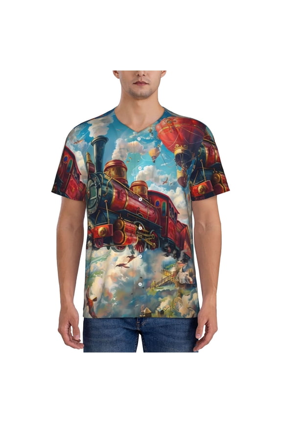 Beautiful Red Train Hot Air Balloon Pattern Mens Polo Shirts Quick Dry Short Sleeve Golf T Shirt Performance Moisture Wicking Casual Workout Baseball T-shirt-Medium