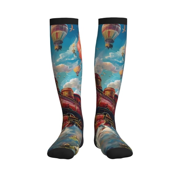 Picia Beautiful Red Train Hot Air Balloon Printed Sports Compression Socks - 15-20mmHg Graduated Compression, High-Performance Soft and Breathable Socks for Men and Women