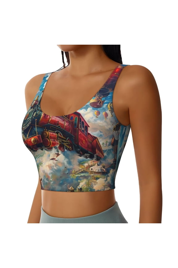 Beautiful Red Train Hot Air Balloon Sports Bra for Women,Padded Strappy Sports Bras Medium Support Yoga Bra with Removable Cups,Running Yoga Bra-XX-Large