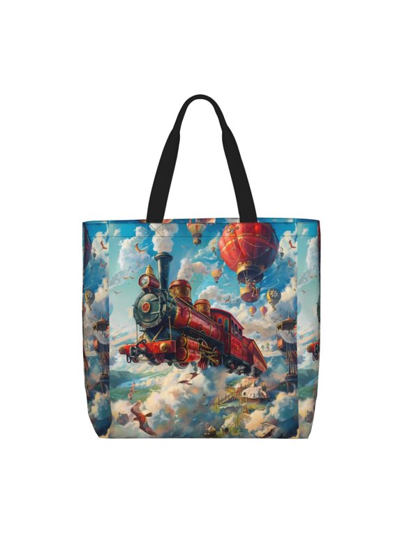 Beautiful Red Train Hot Air Balloon for Tote Bag for Women with Zipper, Gym Tote with Compartments, Laptop Work Tote Nurse Dance Yoga Bag for Sport, Travel