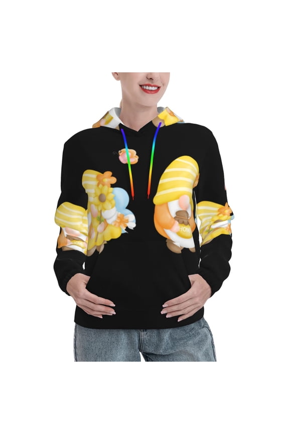Bee Happy Sunflower Gnomes Pattern Casual Women's Hoodie, Hooded Sweatshirt with Kangaroo Pocket, Comfortable Pullover with Eye-catching Drawstrings-Medium