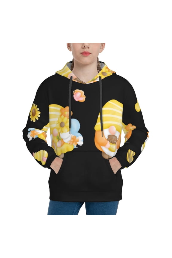 Bee Happy Sunflower Gnomes Pattern Youth Hoodie - Warm Pullover Sweatshirt with Kangaroo Pocket, Ideal for Boys and Girls-Large