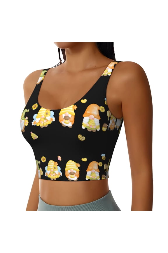 Bee Happy Sunflower Gnomes Sports Bra for Women,Padded Strappy Sports Bras Medium Support Yoga Bra with Removable Cups,Running Yoga Bra-Medium